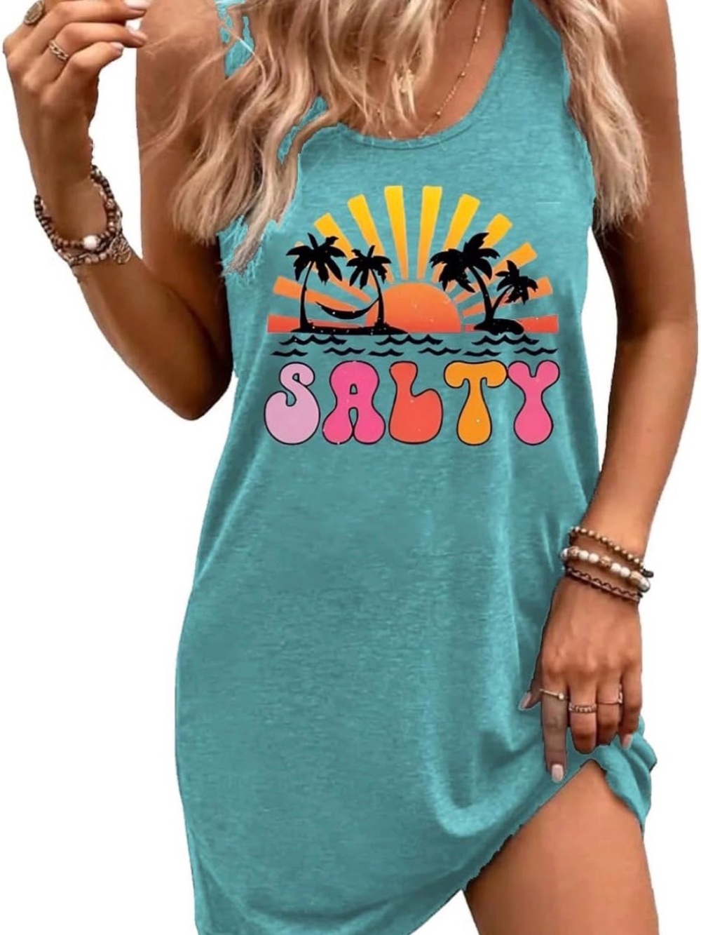 Salty Graphic Tank Dress in Teal